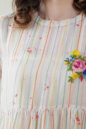 Shop_Dhaari_Off White Silk, Cotton Round Neck Handwoven Dress And Slip Set _Online_at_Aza_Fashions