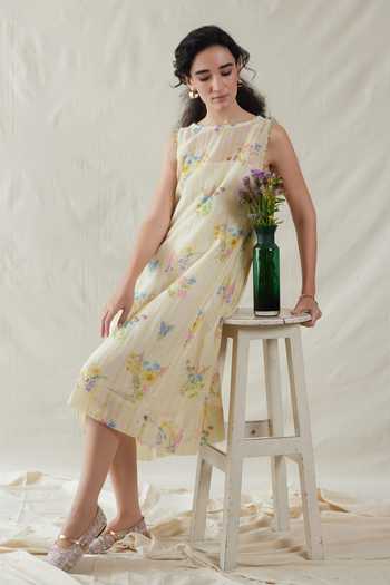Buy_Dhaari_Off White Silk, Cotton Round Neck Handwoven Dress And Slip Set _Online_at_Aza_Fashions