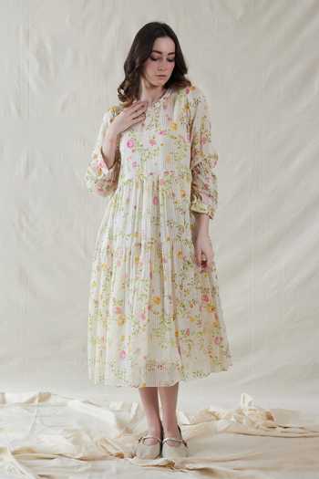 Buy_Dhaari_Pink Silk, Cotton Round Neck Hand Painted Handwoven Dress And Slip Set _Online_at_Aza_Fashions