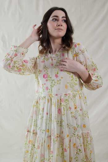 Dhaari_Pink Silk, Cotton Round Neck Hand Painted Handwoven Dress And Slip Set _at_Aza_Fashions