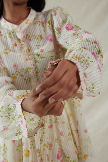 Dhaari_Pink Silk, Cotton Mandarin Collar Handwoven Top And Slip Set _Online_at_Aza_Fashions