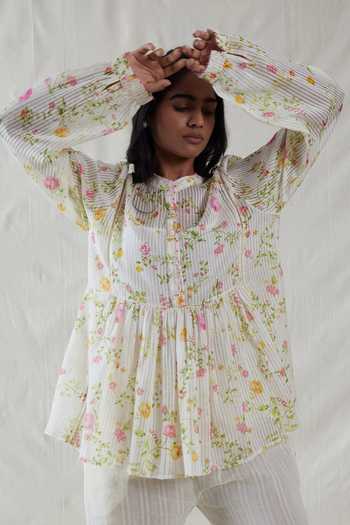 Buy_Dhaari_Pink Silk, Cotton Mandarin Collar Handwoven Top And Slip Set _Online_at_Aza_Fashions