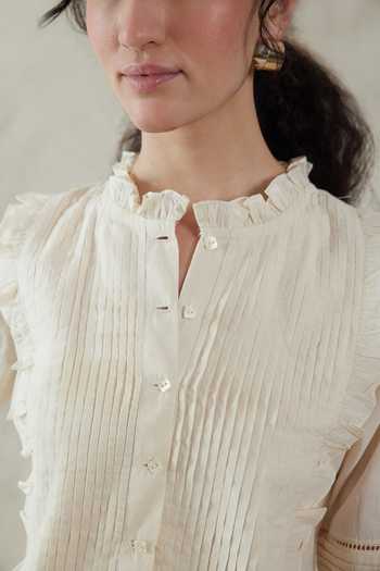 Dhaari_Off White Silk, Cotton High Neck Handwoven Top And Slip Set _Online_at_Aza_Fashions