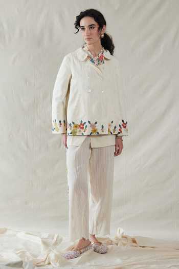 Buy_Dhaari_Off White Silk, Cotton Hand Painted Handwoven Trousers _Online_at_Aza_Fashions