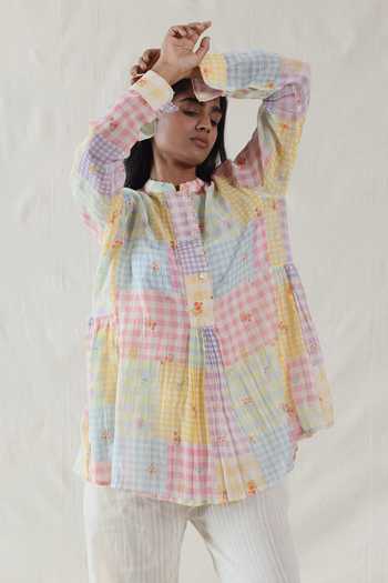 Dhaari_Pink Silk, Cotton Mandarin Collar Handwoven Checked Blouse And Slip Set _Online_at_Aza_Fashions