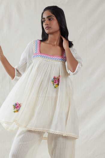 Dhaari_Pink Silk, Cotton Square Neck Handwoven Top And Slip Set _Online_at_Aza_Fashions