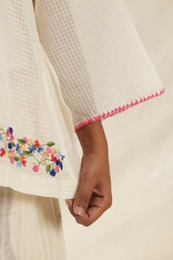 Dhaari_Off White Silk, Cotton Scoop Neck Handwoven Top And Slip Set _Online_at_Aza_Fashions