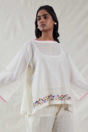 Buy_Dhaari_Off White Silk, Cotton Scoop Neck Handwoven Top And Slip Set _Online_at_Aza_Fashions