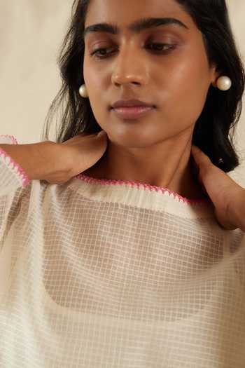 Shop_Dhaari_Off White Silk, Cotton Scoop Neck Handwoven Top And Slip Set _Online_at_Aza_Fashions