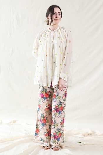 Dhaari_Off White Silk, Cotton Mandarin Collar Handwoven Top And Slip Set _Online_at_Aza_Fashions