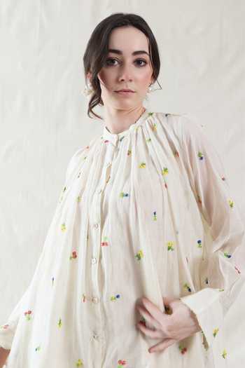Buy_Dhaari_Off White Silk, Cotton Mandarin Collar Handwoven Top And Slip Set _Online_at_Aza_Fashions