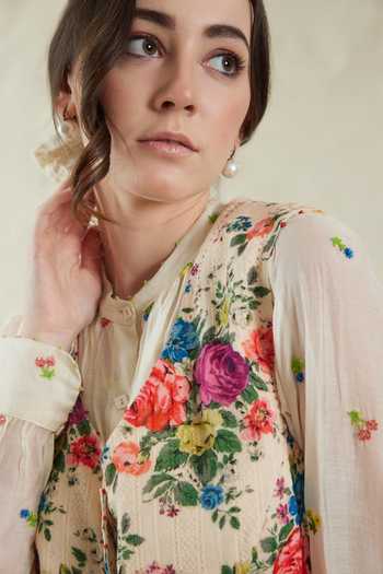 Dhaari_Red Silk, Cotton Floral Handwoven Jacket _Online_at_Aza_Fashions