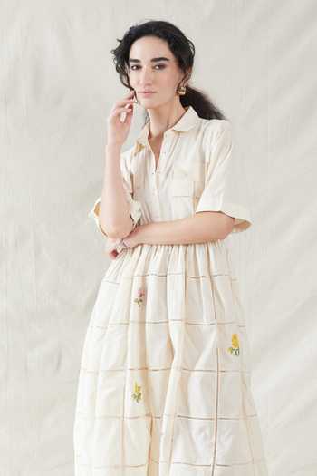 Dhaari_Off White Silk, Cotton Collared Handwoven Dress _Online_at_Aza_Fashions