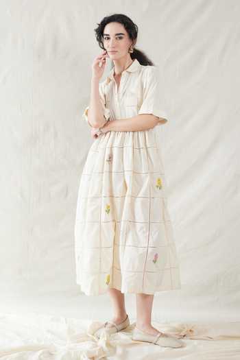 Buy_Dhaari_Off White Silk, Cotton Collared Handwoven Dress _Online_at_Aza_Fashions