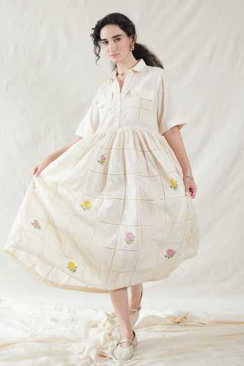 Shop_Dhaari_Off White Silk, Cotton Collared Handwoven Dress _Online_at_Aza_Fashions