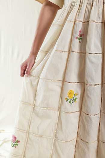Dhaari_Off White Silk, Cotton Collared Handwoven Dress _at_Aza_Fashions