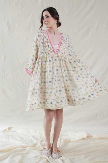 Dhaari_Pink Silk, Cotton V-neck Floral Handwoven Dress And Slip Set _Online_at_Aza_Fashions