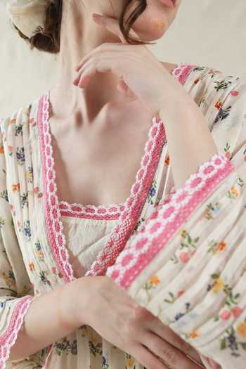 Buy_Dhaari_Pink Silk, Cotton V-neck Floral Handwoven Dress And Slip Set _Online_at_Aza_Fashions
