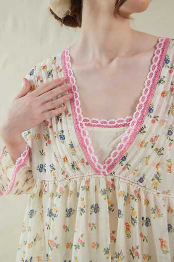 Shop_Dhaari_Pink Silk, Cotton V-neck Floral Handwoven Dress And Slip Set _Online_at_Aza_Fashions