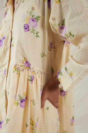 Dhaari_Green Silk, Cotton Collared Handwoven Hand-painted Floral Kurta _Online_at_Aza_Fashions