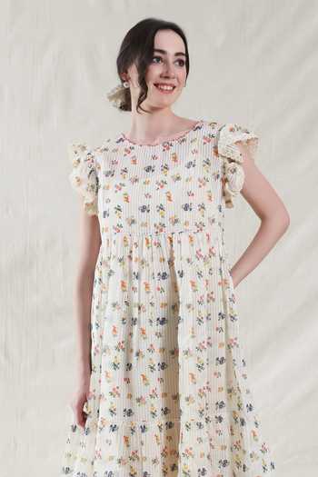 Dhaari_Off White Silk, Cotton Round Neck Handwoven Floral Dress And Slip Set _Online_at_Aza_Fashions