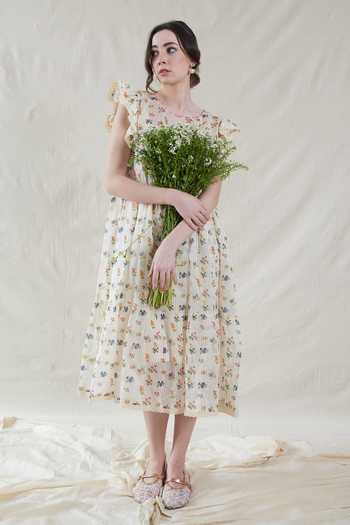 Buy_Dhaari_Off White Silk, Cotton Round Neck Handwoven Floral Dress And Slip Set _Online_at_Aza_Fashions