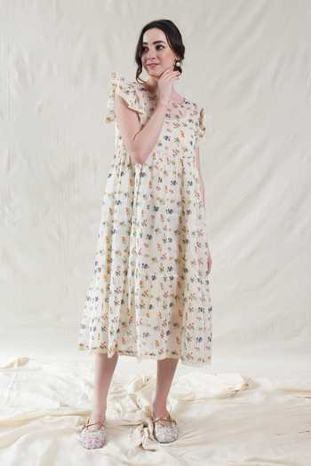 Shop_Dhaari_Off White Silk, Cotton Round Neck Handwoven Floral Dress And Slip Set _Online_at_Aza_Fashions