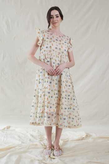 Dhaari_Off White Silk, Cotton Round Neck Handwoven Floral Dress And Slip Set _at_Aza_Fashions