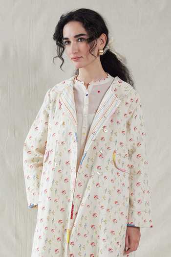 Dhaari_Pink Silk, Cotton Open Neck Hand Painted Floral Handwoven Jacket _Online_at_Aza_Fashions