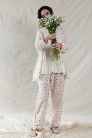 Dhaari_Blue Silk, Cotton Mandarin Collar Handwoven Top And Slip Set _Online_at_Aza_Fashions