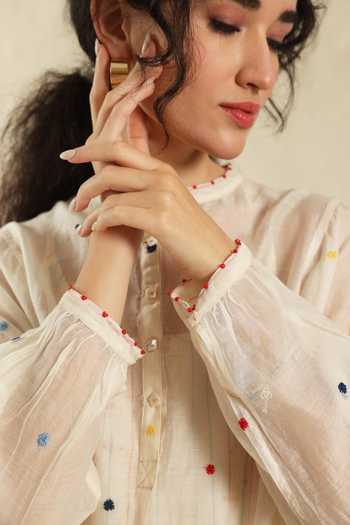 Buy_Dhaari_Blue Silk, Cotton Mandarin Collar Handwoven Top And Slip Set _Online_at_Aza_Fashions