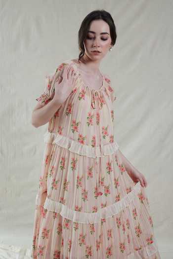 Dhaari_Pink Silk, Cotton Scoop Neck Floral Maxi Handwoven Dress And Slip Set _Online_at_Aza_Fashions