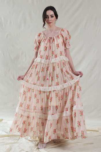 Buy_Dhaari_Pink Silk, Cotton Scoop Neck Floral Maxi Handwoven Dress And Slip Set _Online_at_Aza_Fashions