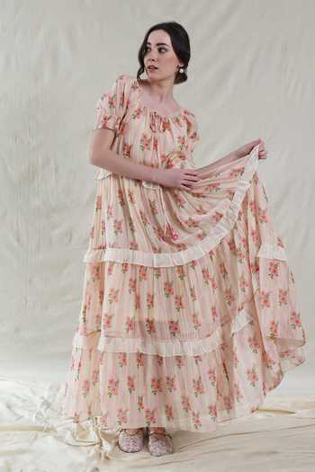Dhaari_Pink Silk, Cotton Scoop Neck Floral Maxi Handwoven Dress And Slip Set _at_Aza_Fashions