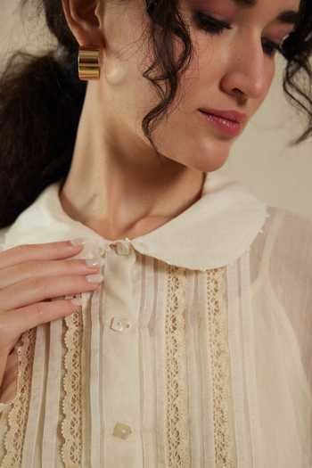 Dhaari_Off White Silk, Cotton Collared Hand Painted Handwoven Top And Slip _Online_at_Aza_Fashions