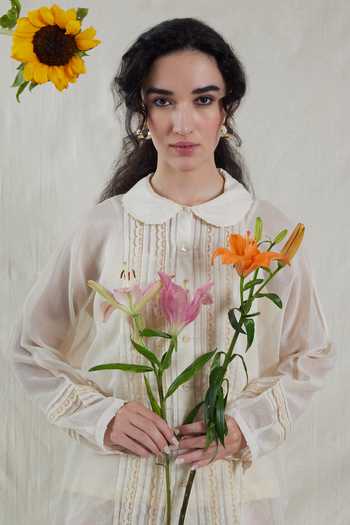 Shop_Dhaari_Off White Silk, Cotton Collared Hand Painted Handwoven Top And Slip _Online_at_Aza_Fashions