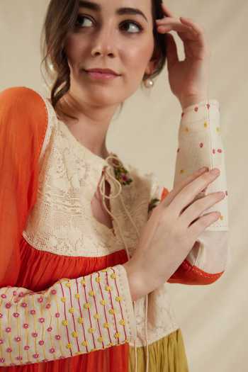 Dhaari_Off White Silk, Cotton Round Neck Handwoven Dress And Slip Set _Online_at_Aza_Fashions