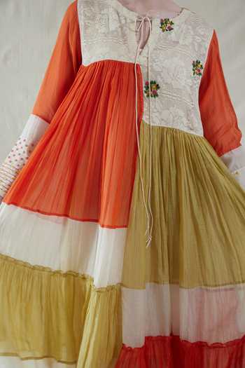 Buy_Dhaari_Off White Silk, Cotton Round Neck Handwoven Dress And Slip Set _Online_at_Aza_Fashions