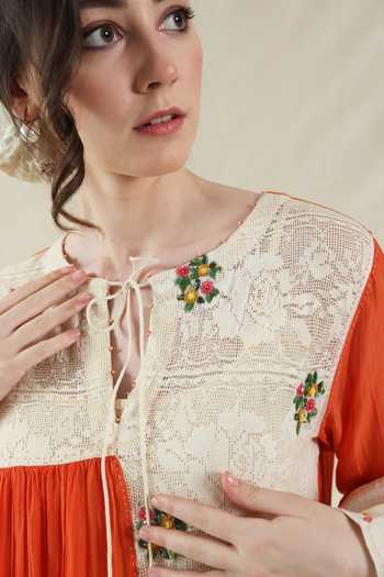 Shop_Dhaari_Off White Silk, Cotton Round Neck Handwoven Dress And Slip Set _Online_at_Aza_Fashions