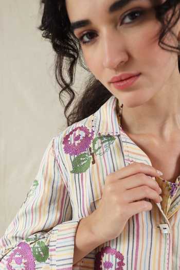 Dhaari_Purple Silk, Cotton Handwoven Striped Jacket _Online_at_Aza_Fashions