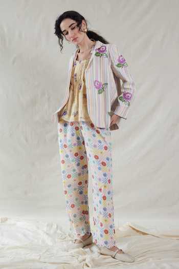 Dhaari_Yellow Silk, Cotton Round Neck Handwoven Top And Slip Set _Online_at_Aza_Fashions