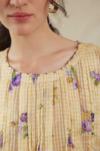 Shop_Dhaari_Yellow Silk, Cotton Round Neck Handwoven Top And Slip Set _Online_at_Aza_Fashions