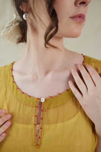 Dhaari_Yellow Silk, Cotton Round , Keyhole Handwoven Dress And Slip Set _Online_at_Aza_Fashions