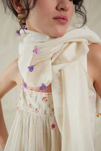 Buy_Dhaari_Pink Silk, Cotton Square Neck Handwoven Dress And Slip Set _Online_at_Aza_Fashions