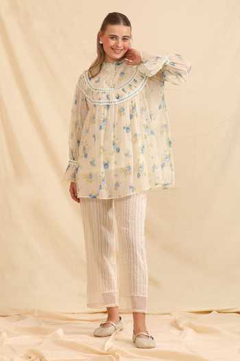 Dhaari_Blue Silk, Cotton Round Neck Handwoven Floral Blouse And Slip Set _Online_at_Aza_Fashions