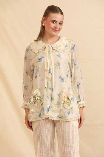 Dhaari_Blue Silk, Cotton Peter Pan Collar Handwoven Floral Top And Slip Set _Online_at_Aza_Fashions