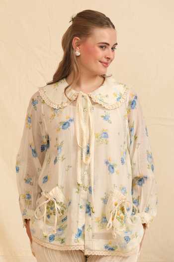Buy_Dhaari_Blue Silk, Cotton Peter Pan Collar Handwoven Floral Top And Slip Set _Online_at_Aza_Fashions
