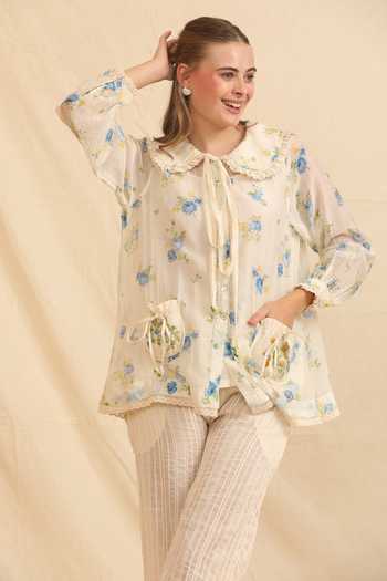 Shop_Dhaari_Blue Silk, Cotton Peter Pan Collar Handwoven Floral Top And Slip Set _Online_at_Aza_Fashions