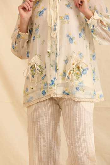 Dhaari_Blue Silk, Cotton Peter Pan Collar Handwoven Floral Top And Slip Set _at_Aza_Fashions