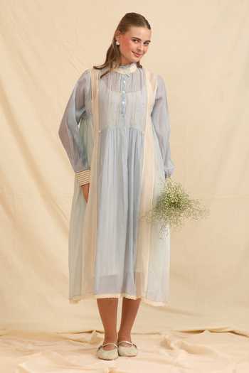 Dhaari_Blue Silk, Cotton High Neck Handwoven Dress And Slip Set _Online_at_Aza_Fashions